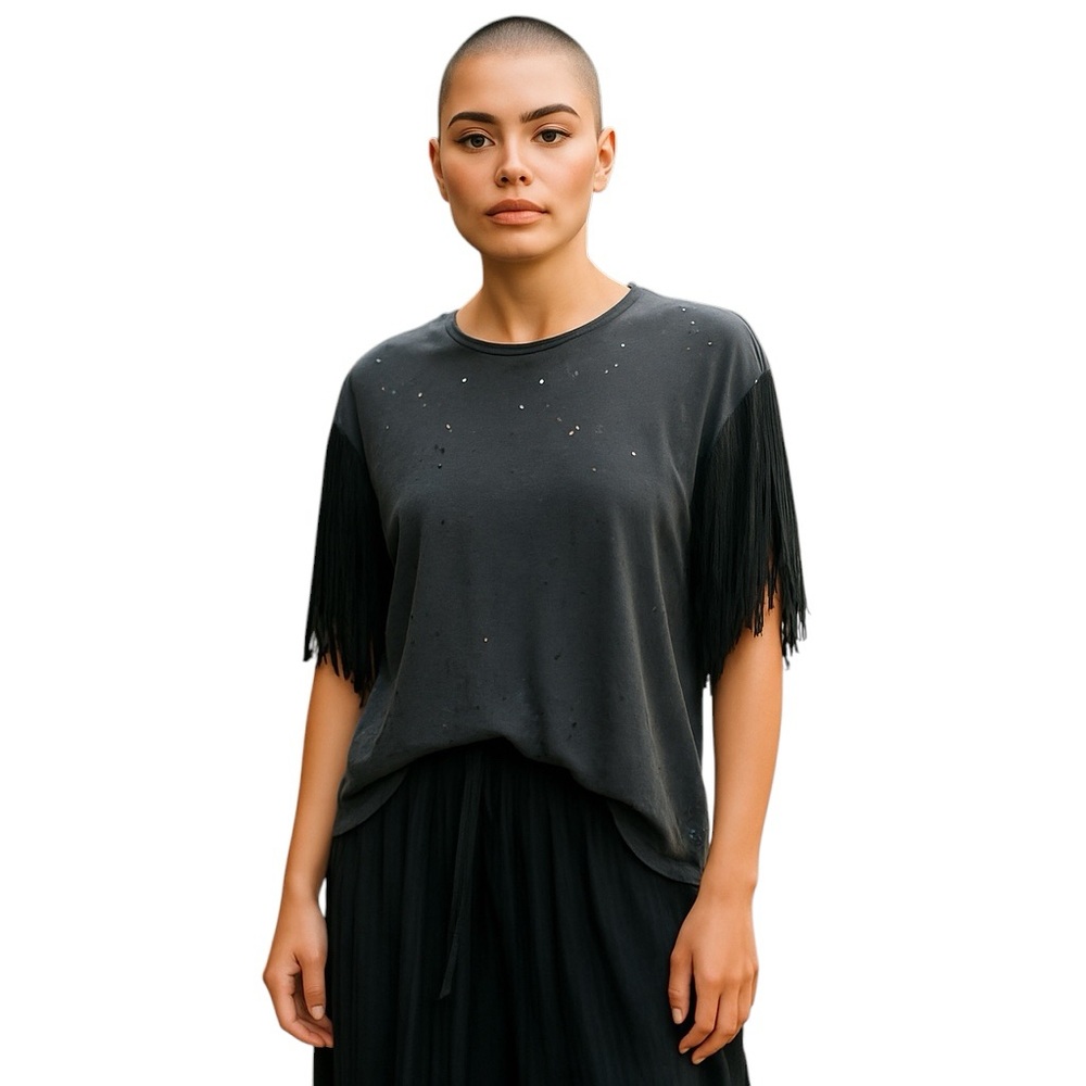New Blue Life Destroyed Linen Tee Fringe Armholes Bohemian Festival Small